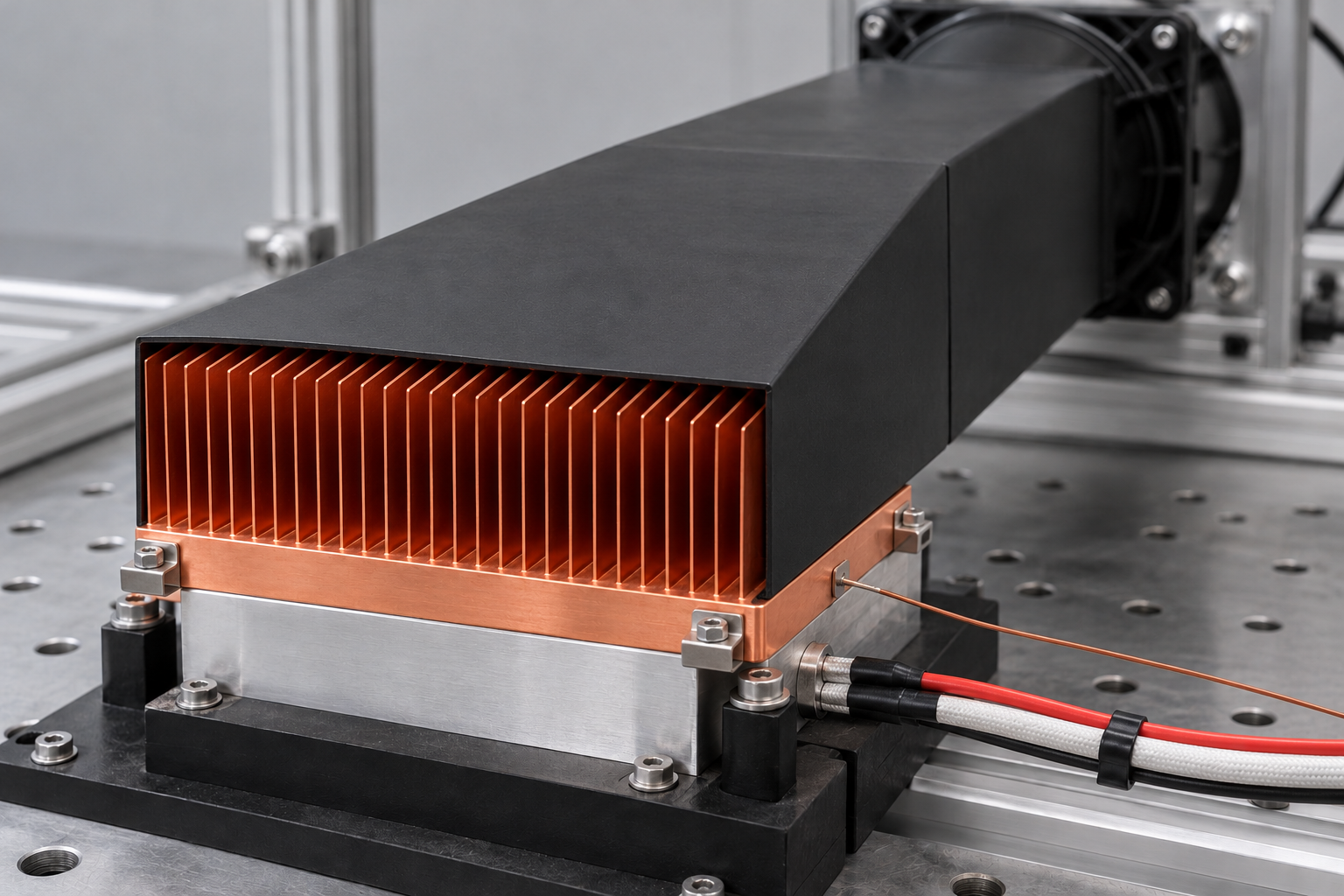 Copper skived heat sink mounted in an aligned forced-air test duct