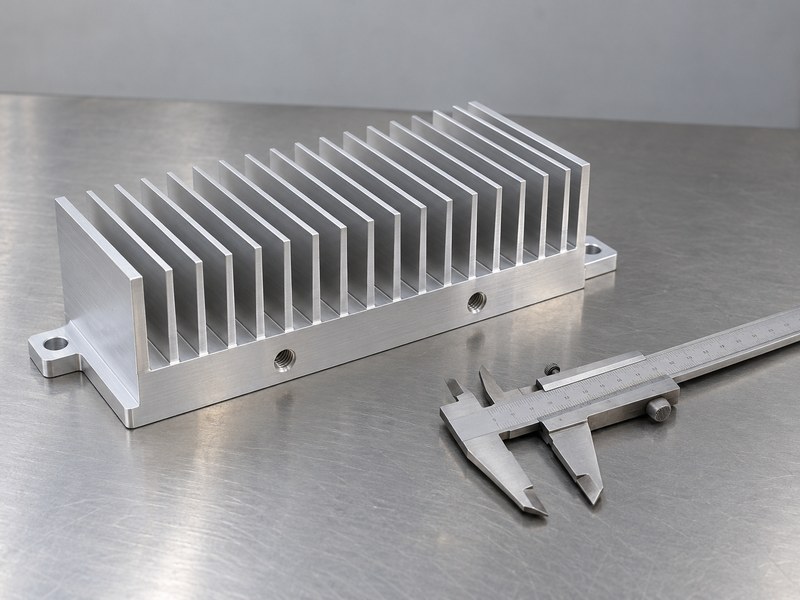 Aluminum profile heat sink structural components with machined base features and a separate caliper