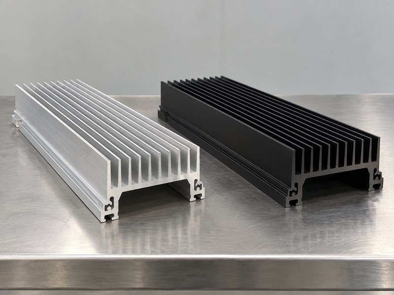 Aluminum profile heat sink structural components shown as separate silver and black finished stock options