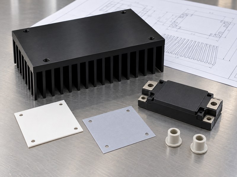 anodize heat sink for insulation: separate heat sink, device housing, white and gray sheets, and white shouldered bushings