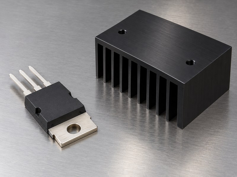 anodize heat sink for insulation: unconnected black device housing with a metal mounting tab beside a heat sink