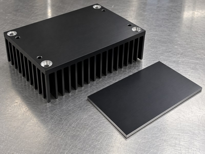 anodize heat sink for insulation: coated mounting face with bare counterbore recesses beside a separate flat coupon