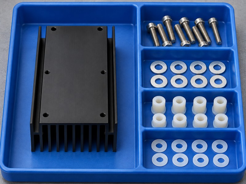 anodize heat sink for insulation: separate heat sink, screws, metal washers, white shouldered bushings and white washers in a parts tray