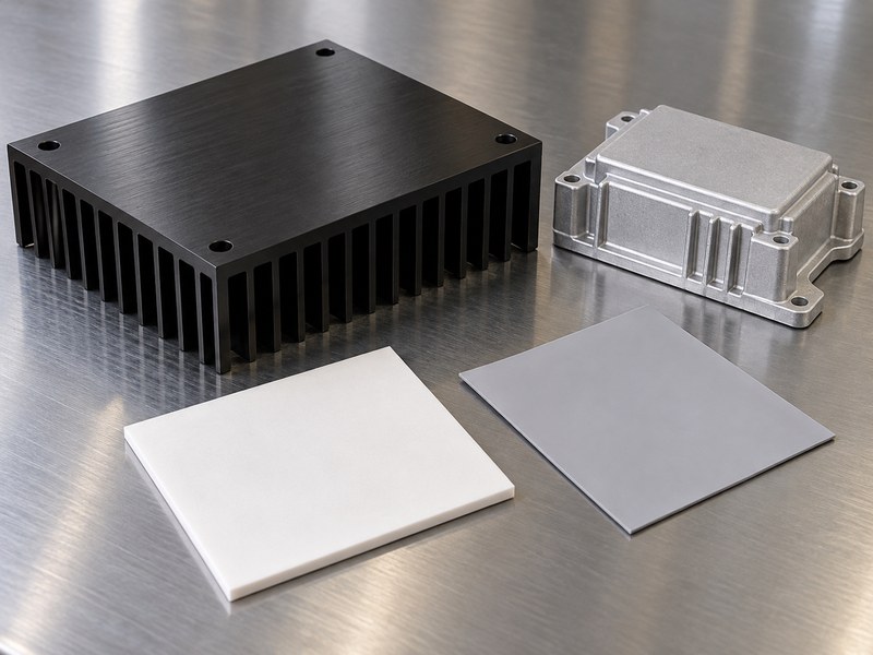 anodize heat sink for insulation: heat sink beside separate white and gray sheet samples and a closed metal housing