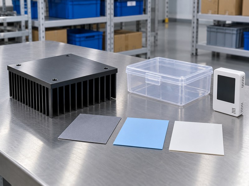 anodize heat sink for insulation: heat sink and separate colored sheets beside a closed storage box and an inactive display unit