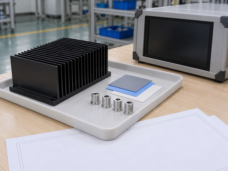 anodize heat sink for insulation: heat sink, loose sheet samples and silver-colored shoulder bushings beside an inactive enclosed instrument