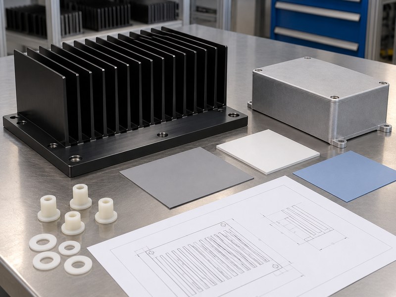 anodize heat sink for insulation: heat sink, closed metal housing, separate sheets, white bushings and washers, and illustrative drawings