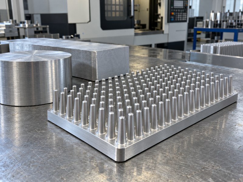 anodized cold forged aluminum heat sink: aluminum blanks beside an integral forged pin heat sink