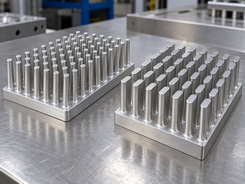 anodized cold forged aluminum heat sink: round-pin heat sink on the left and obround-pin heat sink on the right