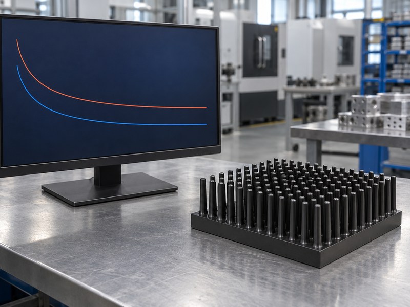 anodized cold forged aluminum heat sink: forged pin heat sink beside a monitor displaying conceptual geometry tradeoff curves