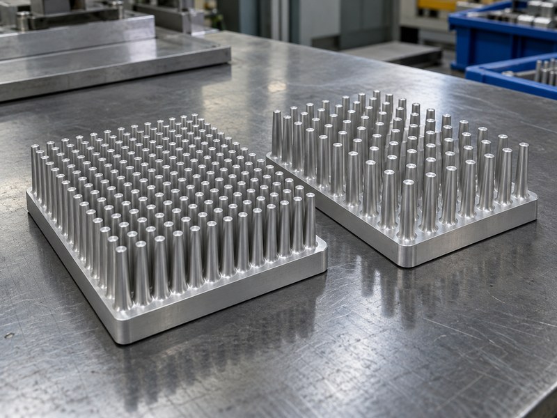 anodized cold forged aluminum heat sink: illustrative pin-array candidates with different densities and geometries
