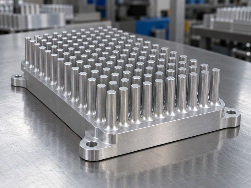 anodized cold forged aluminum heat sink: forged pin heat sink showing base fillets and mounting ears