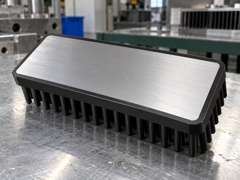 anodized cold forged aluminum heat sink: inverted anodized forged heat sink showing a masked bare contact base