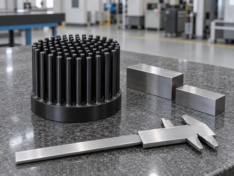 anodized cold forged aluminum heat sink: forged pin heat sink with dimensional inspection tools on a granite surface