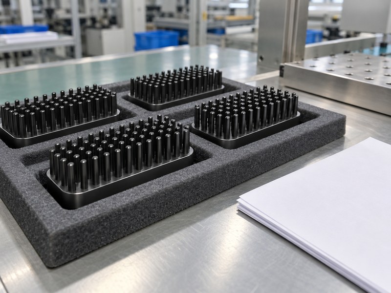 anodized cold forged aluminum heat sink: matching anodized forged pin heat sinks supported by their bases in protective trays