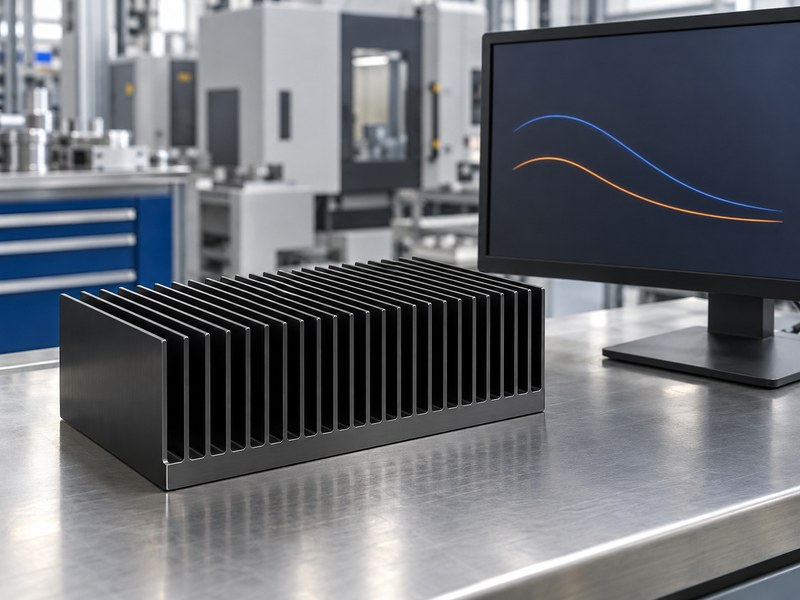 anodized heat sink: anodized heat sink beside a monitor displaying conceptual thermal curves