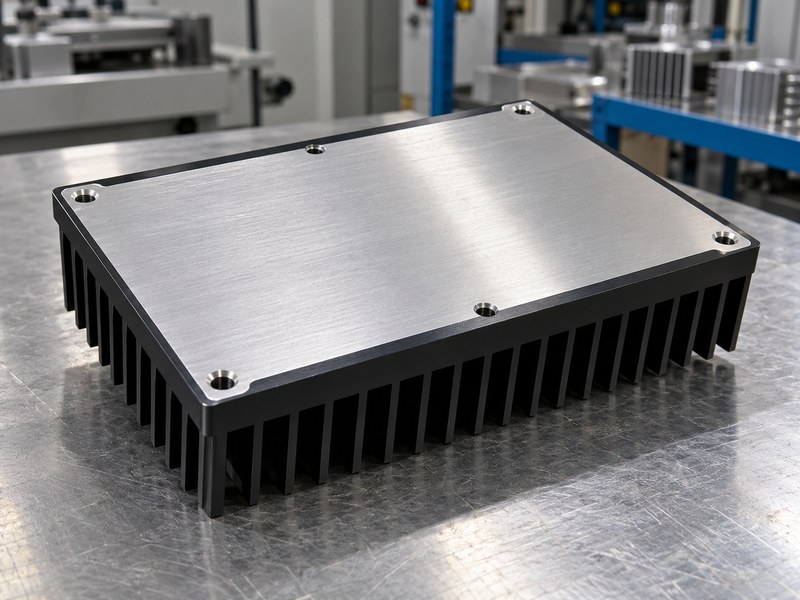anodized heat sink: inverted heat sink with a bare contact face and black fins behind the base