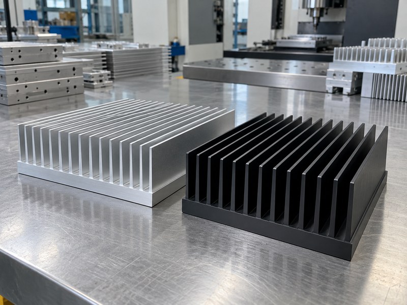 anodized heat sink: silver-colored and black finished fin heat sink examples under neutral workshop lighting