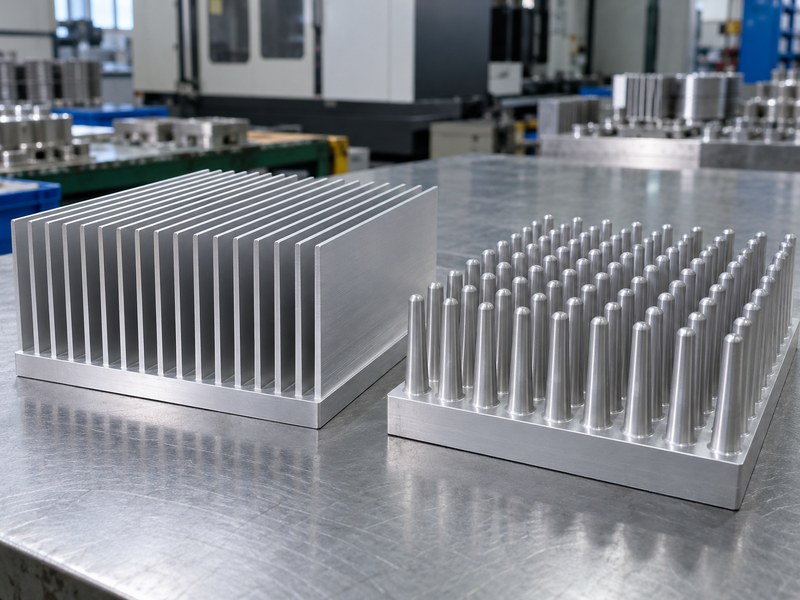 anodized heat sink: extruded plate-fin and integral forged pin heat sinks on an engineering bench