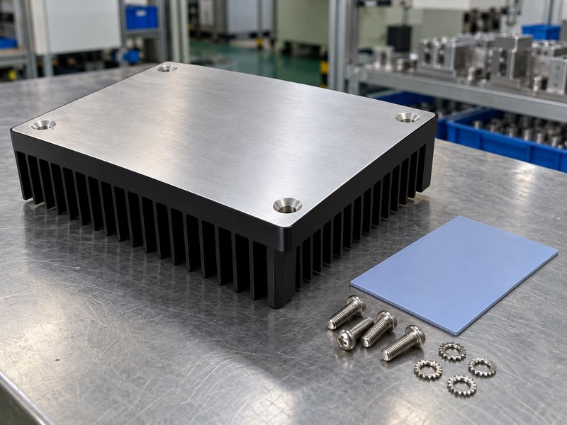 anodized heat sink: inverted anodized heat sink beside an interface pad and separate grounding hardware