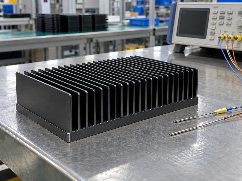 anodized heat sink: anodized heat sink beside loose temperature probes and inactive measuring equipment before testing