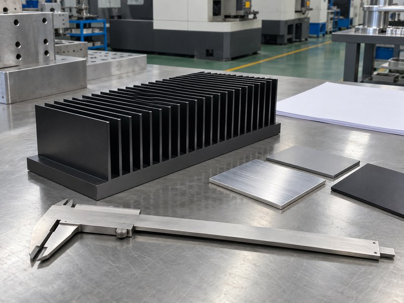 anodized heat sink: anodized heat sink with finish coupons, blank engineering sheets, and a caliper