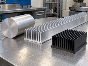 anodized heat sink extrusion: aluminum billet, long finned extrusion and a cut anodized heat sink on a workbench