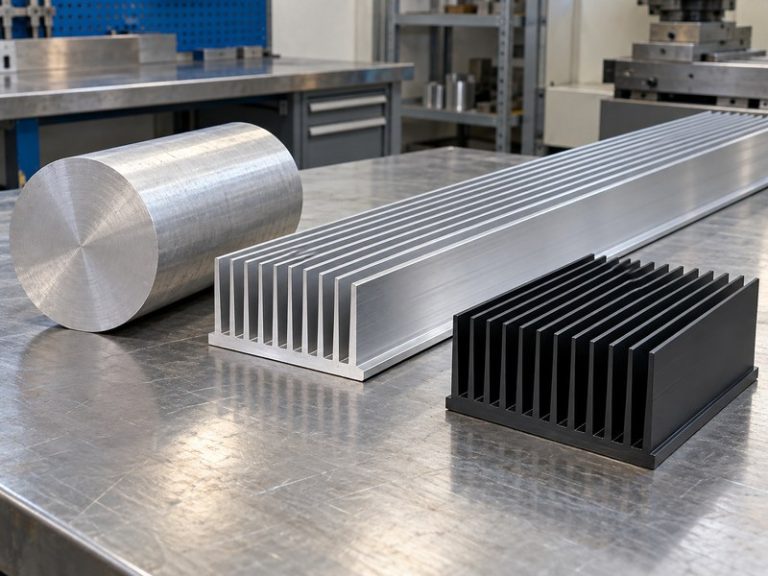 anodized heat sink extrusion: aluminum billet, long finned extrusion and a cut anodized heat sink on a workbench