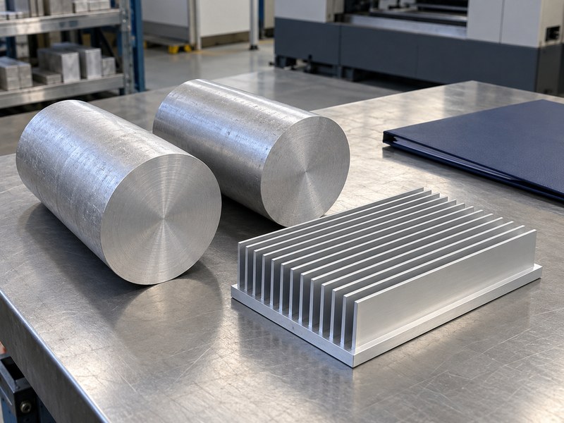 anodized heat sink extrusion: aluminum billets and a finned profile beside a closed material-record folder