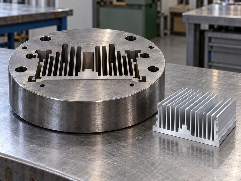 anodized heat sink extrusion: illustrative extrusion tooling beside an aluminum profile sample