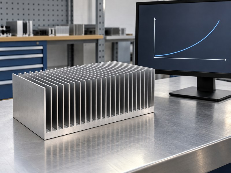 anodized heat sink extrusion: extruded heat sink beside a conceptual airflow-resistance curve
