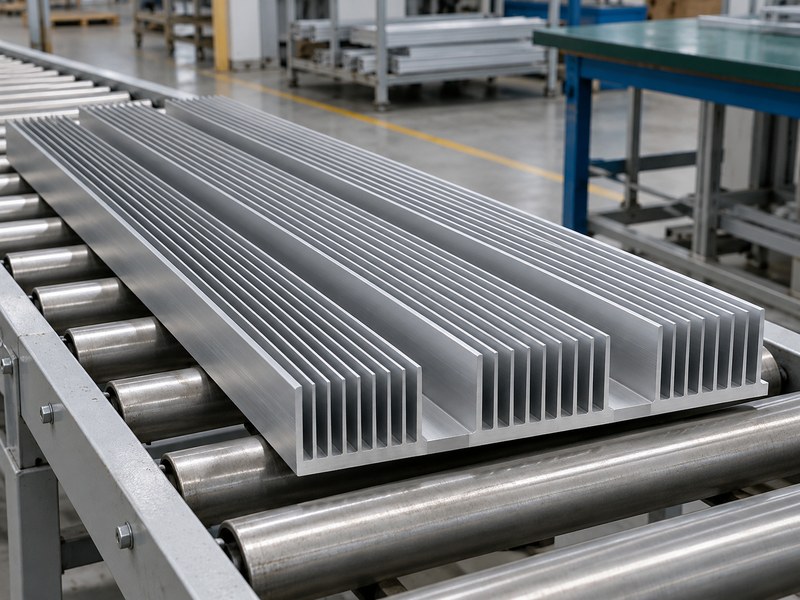 anodized heat sink extrusion: long finned aluminum profiles supported by their bases on a roller table