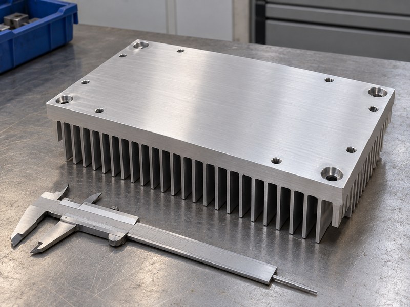 anodized heat sink extrusion: inverted extruded heat sink with a machined contact base and mounting holes