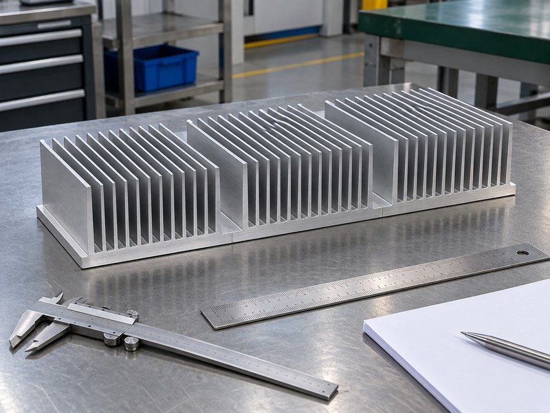 anodized heat sink extrusion: cut extrusion samples beside dimensional inspection tools and blank records