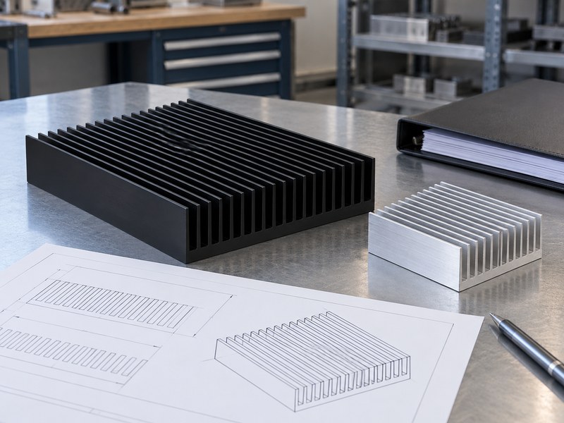 anodized heat sink extrusion: black finished and raw aluminum heat sink examples beside generic engineering sketches