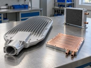 anodized water cooled heat sink for streetlights: passive streetlight housing beside an open-channel plate sample and a separate radiator