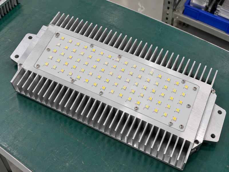 anodized water cooled heat sink for streetlights: unpowered uncovered LED board on a passive aluminum mounting heat sink on a workbench