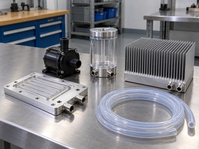 anodized water cooled heat sink for streetlights: open-channel plate sample beside a separate pump, reservoir, finned heat exchanger and loose hose