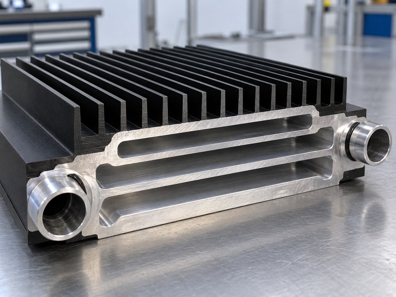 anodized water cooled heat sink for streetlights: sectioned cold-plate sample showing metal passage walls and bare port features