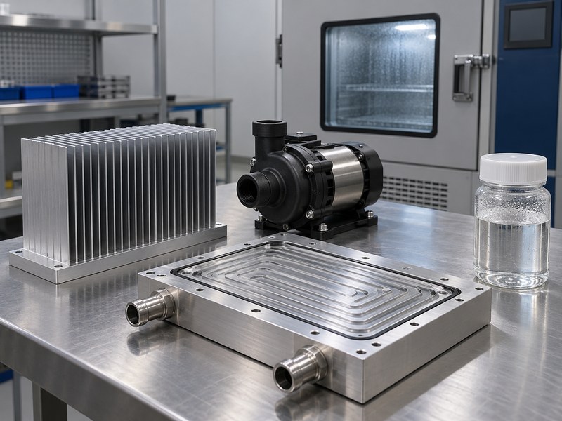 anodized water cooled heat sink for streetlights: open-channel manufacturing sample beside a separate pump and an unlabeled capped coolant bottle