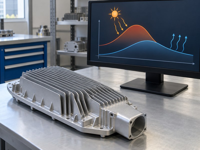 anodized water cooled heat sink for streetlights: streetlight heat sink beside a monitor displaying conceptual solar and thermal radiation curves