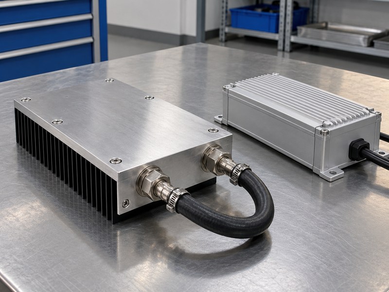 anodized water cooled heat sink for streetlights: cold-plate ports joined by a temporary U-shaped hose jumper beside a separate electrical enclosure