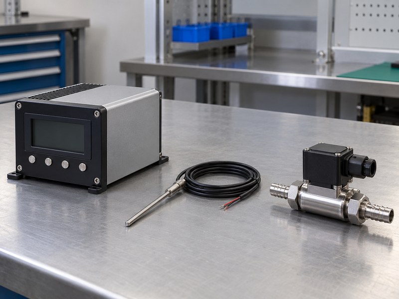 anodized water cooled heat sink for streetlights: representative disconnected controller, temperature probe and inline sensing hardware with the display off
