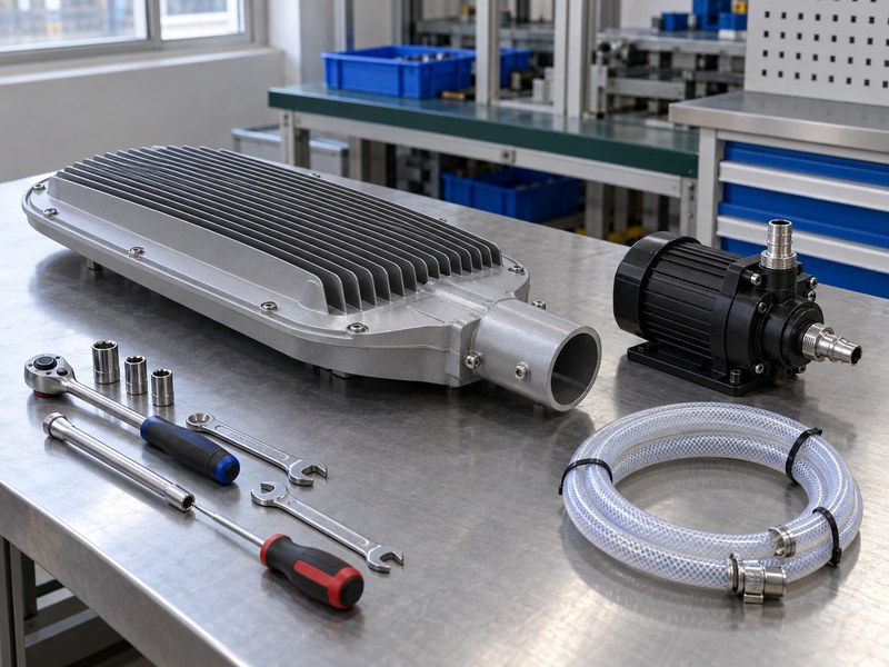 anodized water cooled heat sink for streetlights: passive streetlight housing, compact pump module, replacement hoses and service tools on a workbench