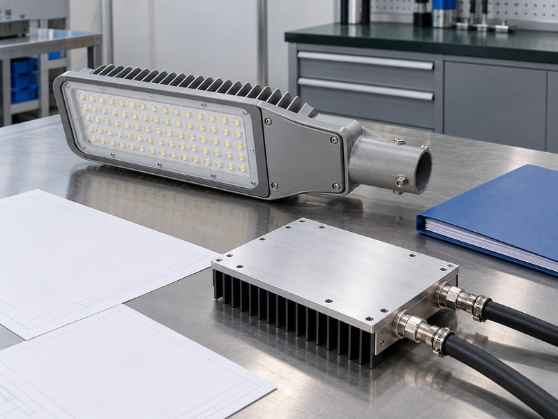 anodized water cooled heat sink for streetlights: passive LED module beside a separate hose-equipped cold plate and blank engineering review sheets