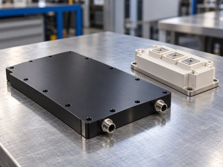 anodized water cooled heat sink for welding equipment: finished anodized cold plate beside an unpowered power-module housing