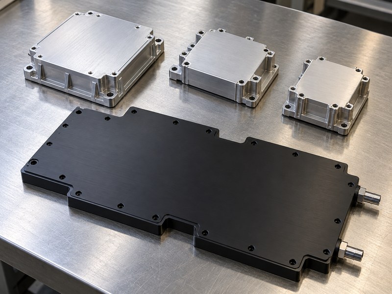 anodized water cooled heat sink for welding equipment: separate metal housing samples beside a closed black cold plate