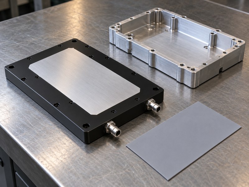 anodized water cooled heat sink for welding equipment: cold plate with a bare contact area beside a separate interface sheet and an open housing sample
