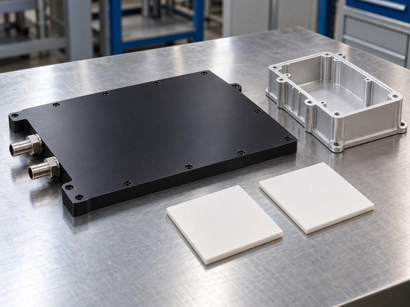 anodized water cooled heat sink for welding equipment: anodized plate beside separate ceramic insulation samples and a module housing