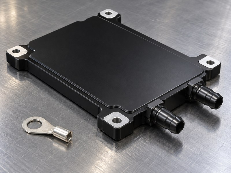anodized water cooled heat sink for welding equipment: masked bare contact land on an anodized plate beside an unattached ring terminal